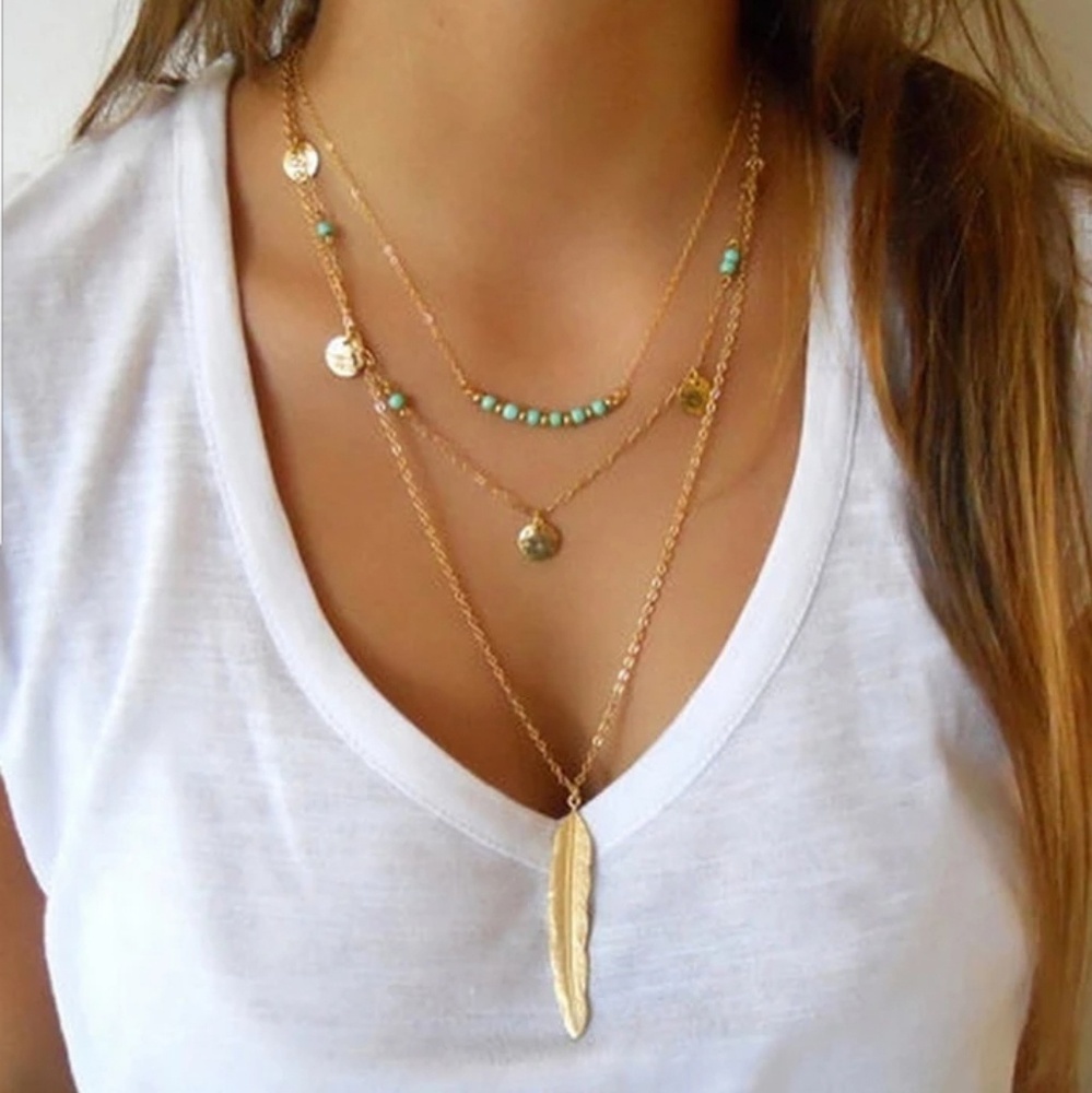 3 Strand Layer Gold & Turquoise Bar Feather